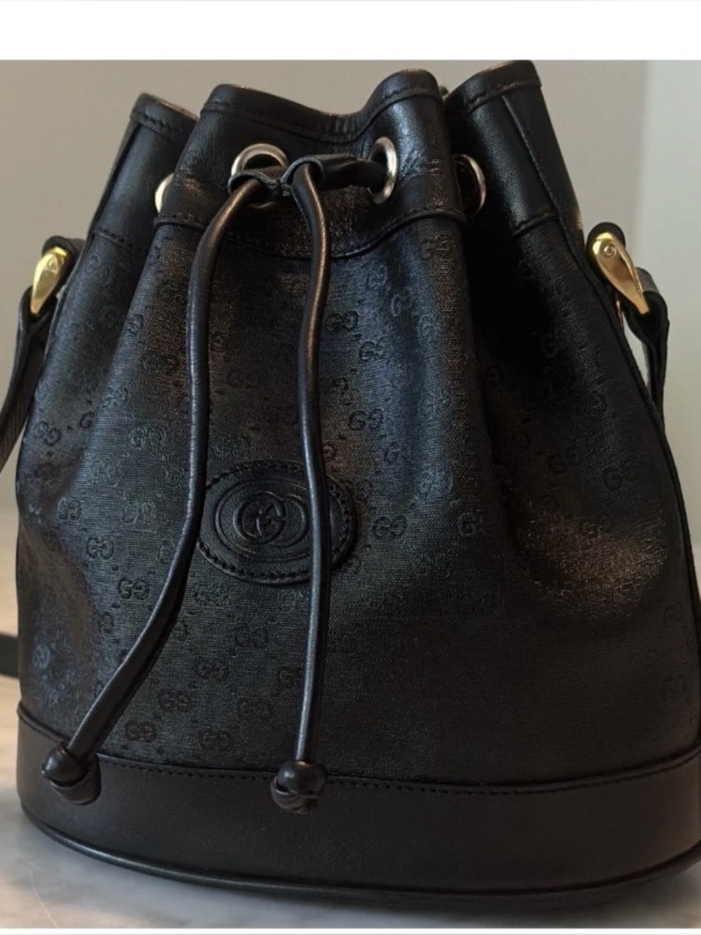 Gucci Certified Authentic Black Leather GG Small Drawstring Bucket Bag.
